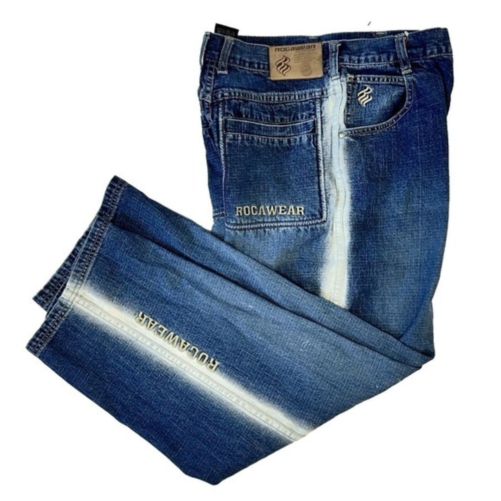 Vintage RocaWear‎ Jeans Women Sz 14 Blue Bleach Stripe Logo 90s Y2k